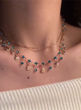 蓝色贝壳流苏锆石项链女