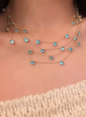 蓝色锆石流苏人鱼公主项链女