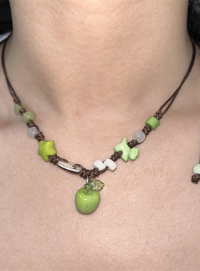 绿色苹果纽扣手工编织项链女