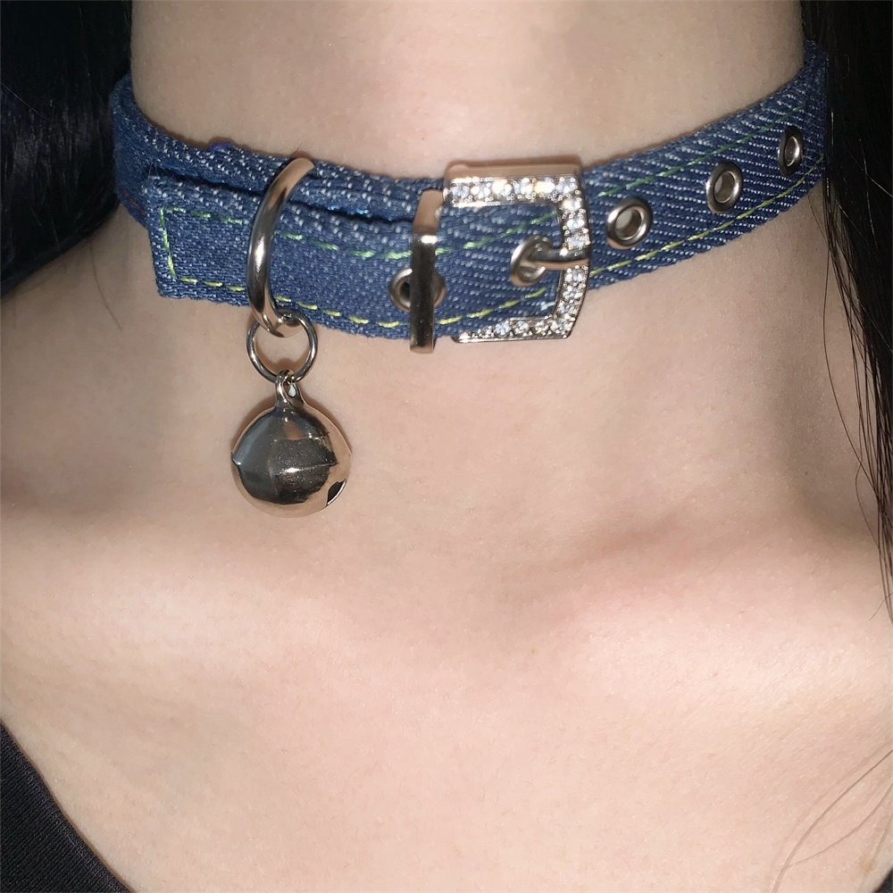 zoozmomo纯欲牛仔布艺铃铛颈环y2k辣妹choker项圈小众设计感项链 - 图2