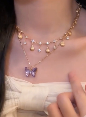 紫色蝴蝶流苏项链女款