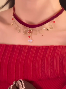 圣诞节红色铃铛流苏锁骨链