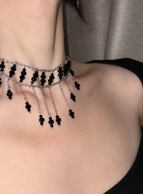 黑色串珠多层流苏项链女