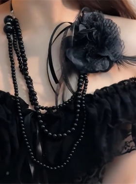 黑色花朵长款叠戴项链女轻奢