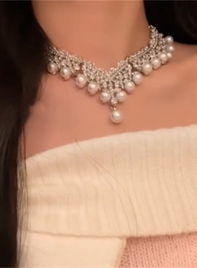 镶钻珍珠项链耳环套装女