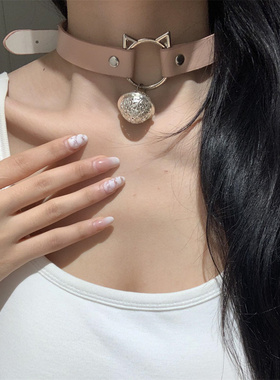 粉色猫咪铃铛皮质项圈女