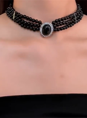 黑色串珠镶钻项链女款