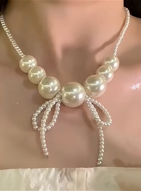 法式小香风蝴蝶结珍珠项链女