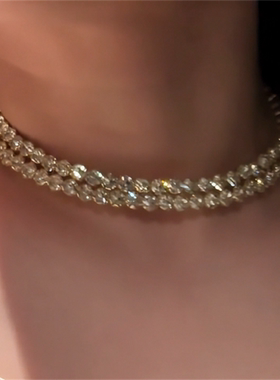 香槟色锆石choker项链耳环套装