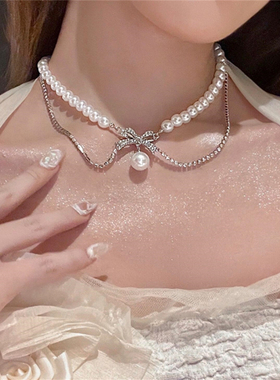 闪钻蝴蝶结珍珠项链女