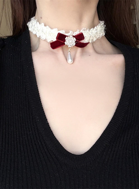 红色蝴蝶结珍珠项链女