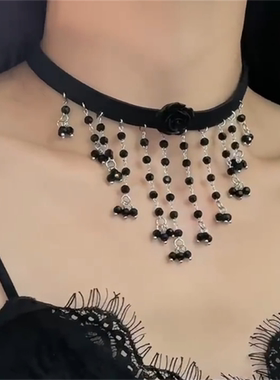 黑色玫瑰花流苏项链女