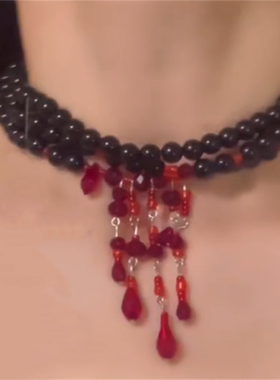 黑色串珠水滴流苏choker项链