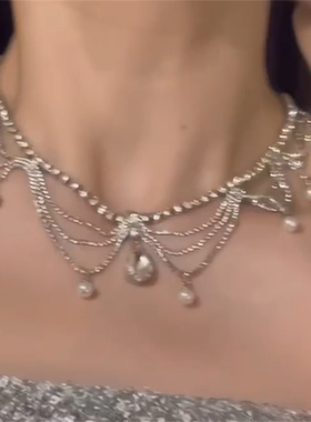 银色水滴珍珠流苏项链女
