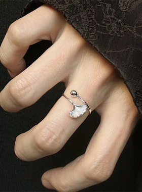 银色杏叶戒指开口食指指环女