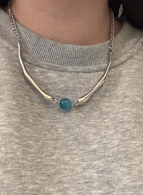 蓝色猫眼石金属拼接项链女