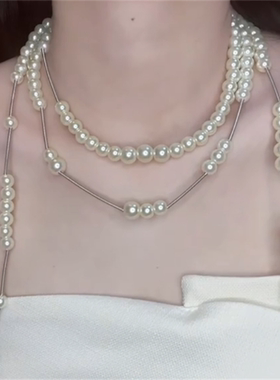 法式长款多层珍珠项链女