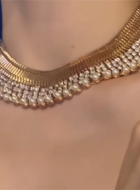 欧美重工金色闪钻珍珠choker项链