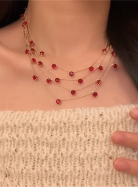 满天星项链叠戴多层红色锁骨链