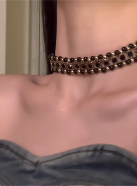 锁骨链黑金色串珠锆石颈链高级感