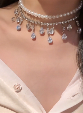 闪钻流苏珍珠项链女款