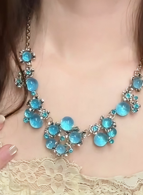蓝水晶花朵项链女锁骨链轻奢重工