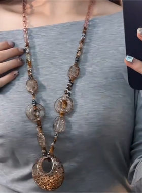 辣妹亮晶晶豹纹长款串珠项链