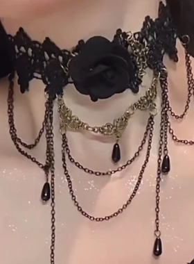 黑色玫瑰花蕾丝choker项链女