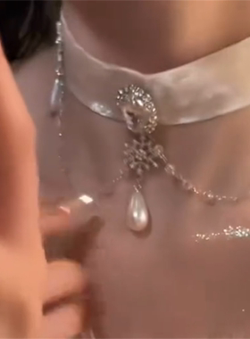 温柔缎带珍珠水钻choker项链