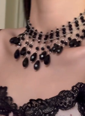 黑系黑色流苏米珠吊坠锁骨链