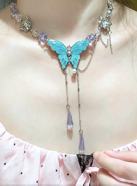重工蓝色水晶蝴蝶项链女款小众