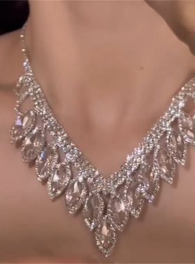 粉色锆石流苏项链耳环套装