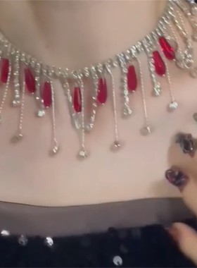 红色水晶闪钻流苏项链女轻奢