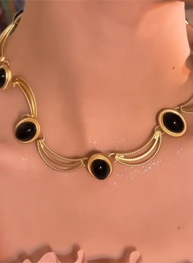 中古黑色宝石项链宫廷风锁骨链女