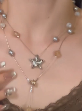 撞色珍珠星星流苏项链女