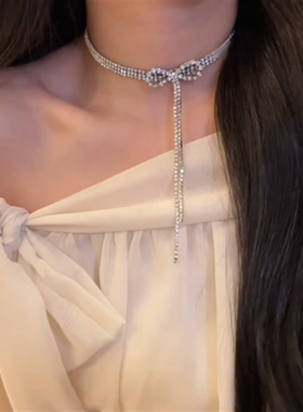 银色碎钻蝴蝶结流苏项链女