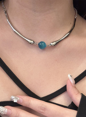 潮酷辣妹蓝色圆珠子项链女款