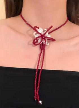 复古鸢尾花红色串珠项链女