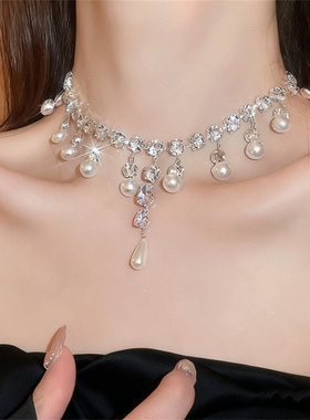 超闪水滴锆石珍珠流苏项链