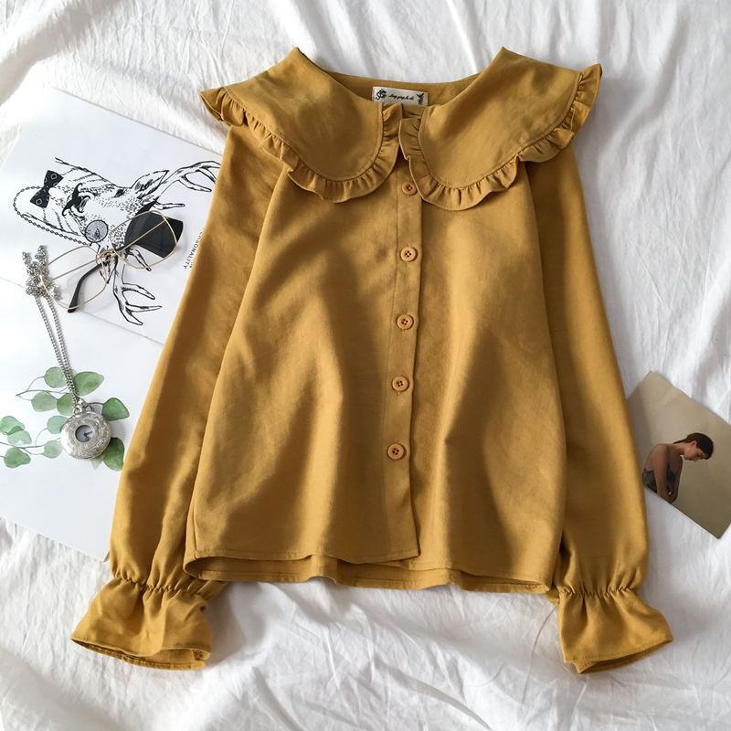 Women's Solid Doll Neck Button Up Shirt纯色娃娃领系扣衬衫女 - 图1