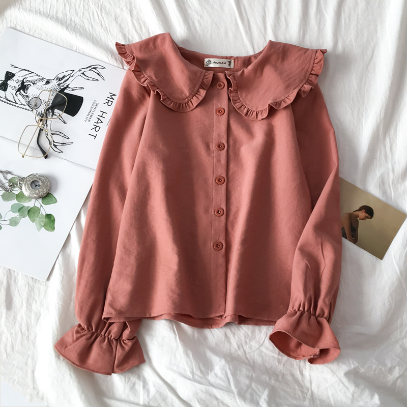 Women's Solid Doll Neck Button Up Shirt纯色娃娃领系扣衬衫女 - 图0