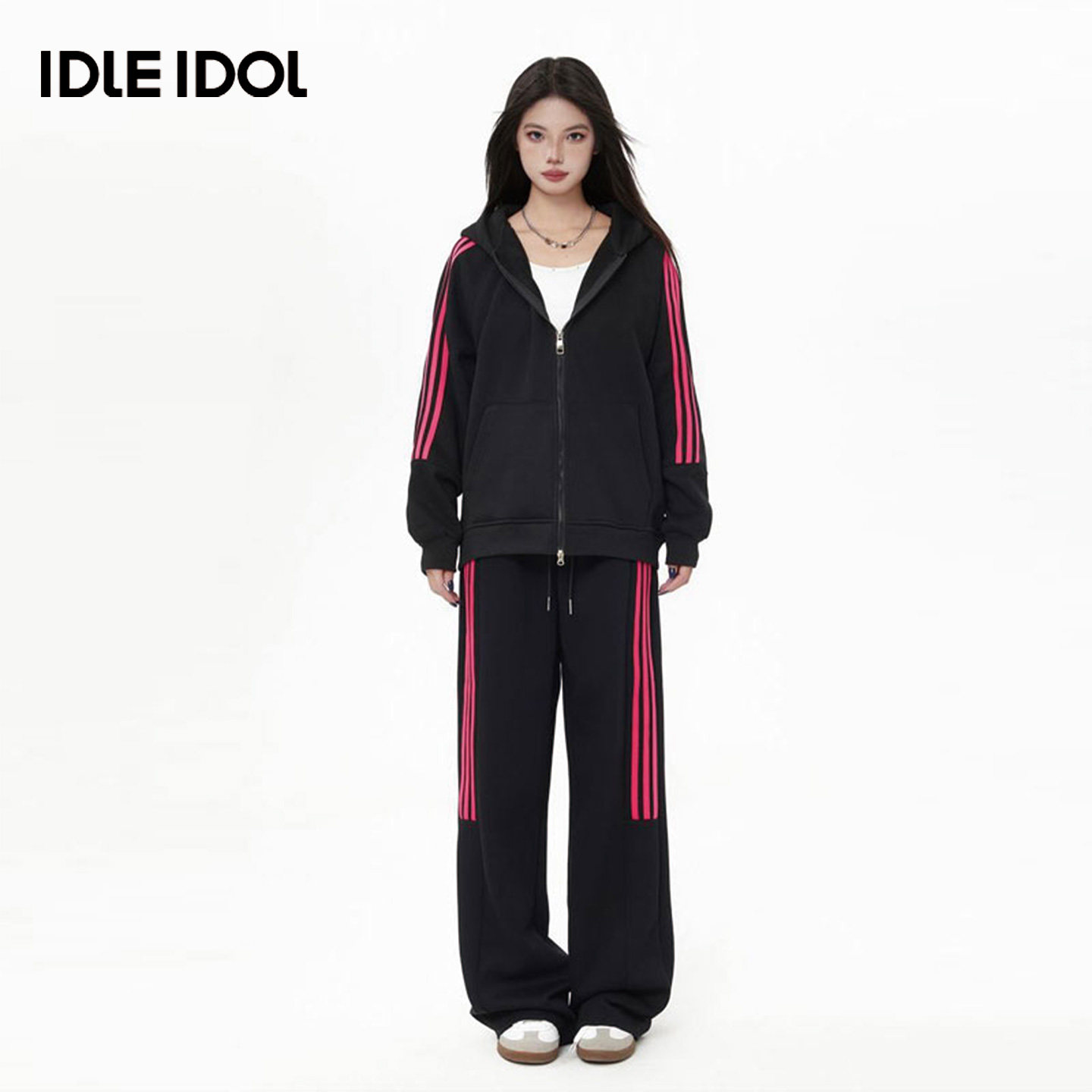 Idle Idol美式条纹撞色运动套装男女同款春秋季连帽开衫情侣外套,淘宝优惠券,粉丝福利购,淘宝优惠卷