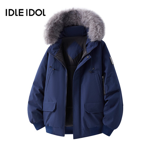 Idle Idol美式毛领羽绒棉服情侣款冬季加厚棉袄连帽派克服外套男 - 图1