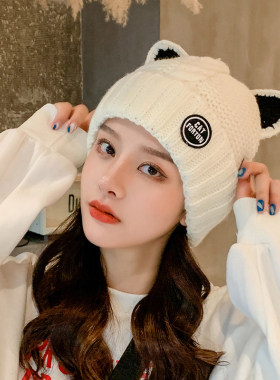ins猫耳朵针织毛线帽女加绒加厚保暖秋冬帽子可爱百搭包头冷帽潮
