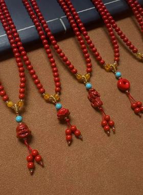 天然朱砂手串多圈红砂手链女辰砂佛珠莲花貔貅本命年古风饰品