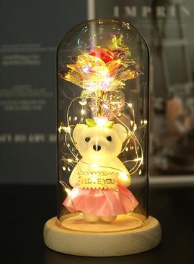 情人节礼物日本七彩24k金箔花彩金仿品带灯永生玫瑰花玻璃罩礼盒