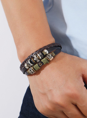 新款个性串珠五角星皮革手链欧美潮流简约多层手环小众