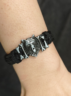 藏式民族风狼头爆款霸气个性手环网红皮革手链可调节编织手绳
