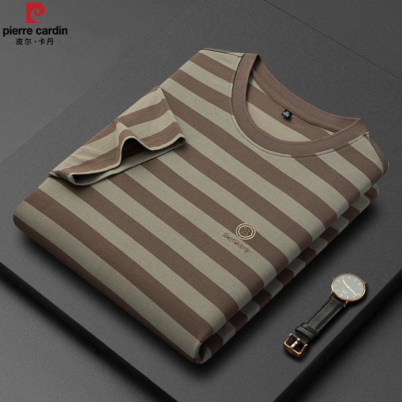 皮尔卡丹男士桑蚕丝条纹短袖T恤2025夏季休闲百搭圆领体恤上衣男 - 图0