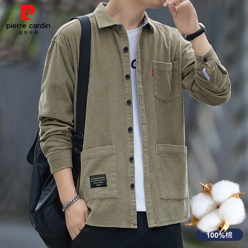 皮尔卡丹重磅纯棉长袖衬衫男中年春秋季工装上衣灯芯绒衬衣外套男 - 图2